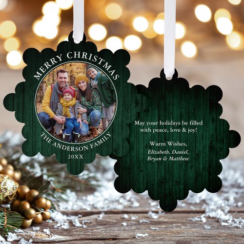 Rustic Merry Christmas Green Wood Print Ornament Card