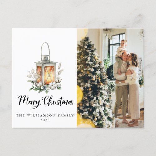 Rustic Merry Christmas Greenery Lantern Photo  Postcard