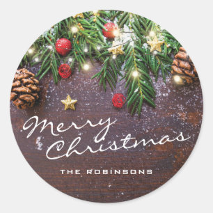 Rustic Merry Christmas Happy Holidays Classic Round Sticker