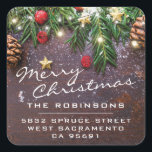 Rustic Merry Christmas | Holidays Return Address Square Sticker<br><div class="desc">Rustic christmas return address stickers featuring a dark wooden background,  festive christmas tree branches,  red & gold tree decorations and string twinkle lights.</div>