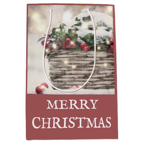 Rustic Merry Christmas Holly Berry Basket Medium Gift Bag