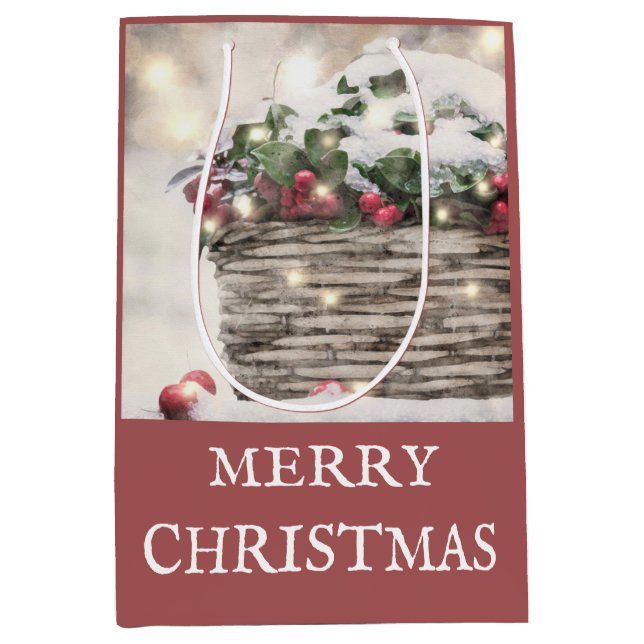 Rustic Merry Christmas Holly Berry Basket Medium Gift Bag (Front)