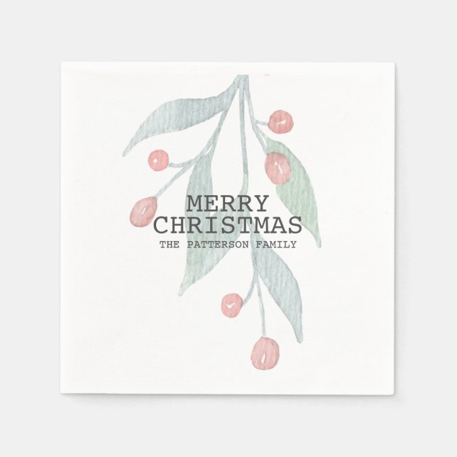 Rustic Merry Christmas Holly Berry Watercolor red  Napkins (Front)