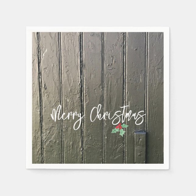 Rustic Merry Christmas Holly Black Barn Door Farm Napkins (Front)