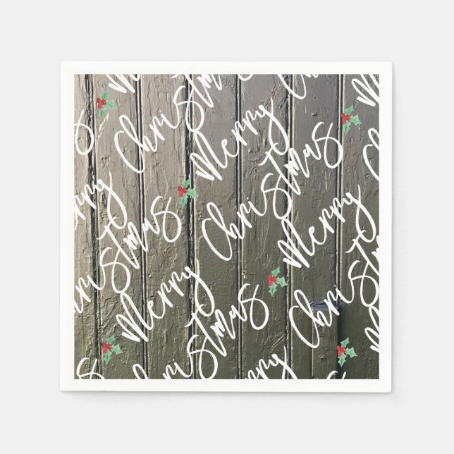 Rustic Merry Christmas Holly Black Barn Door Farm Napkins (Front)