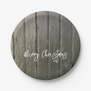 Rustic Merry Christmas Holly Black Barn Door Paper Plates