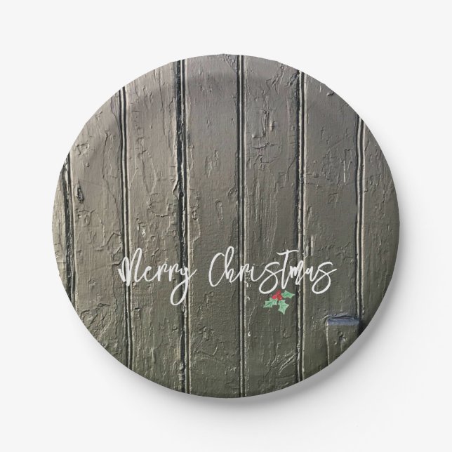 Rustic Merry Christmas Holly Black Barn Door  Paper Plates (Front)