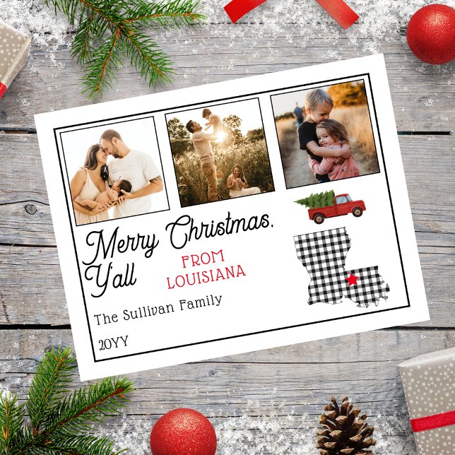 Rustic Merry Christmas Louisiana Photo Holiday Postcard (Rustic "Merry Christmas Y'all from Louisiana" Three Photo and State Holiday Postcard)