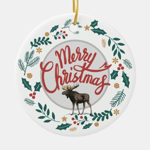 Rustic Merry Christmas Moose With Holly  Pine Ceramic Ornament