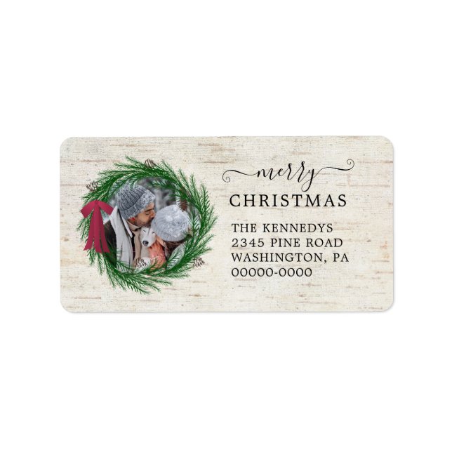 Rustic Merry Christmas Photo Pine Return Label (Front)