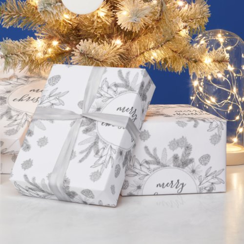 Rustic Merry Christmas Pine And Holly Boughs  Wrapping Paper