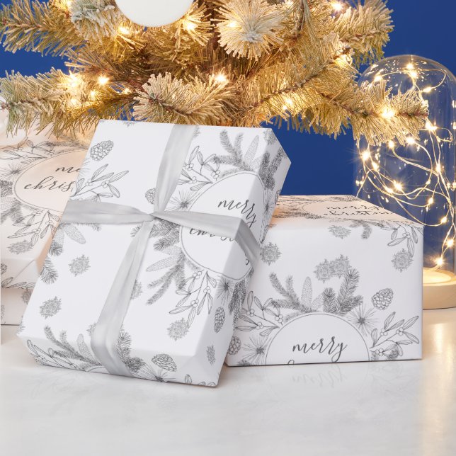 Rustic Merry Christmas Pine And Holly Boughs  Wrapping Paper (Holidays)