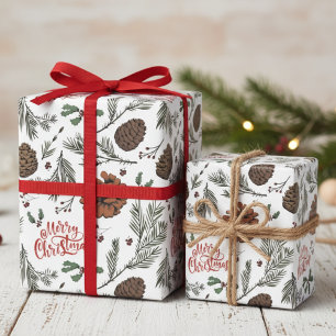 Rustic Merry Christmas Pinecones & Holly Berries Wrapping Paper