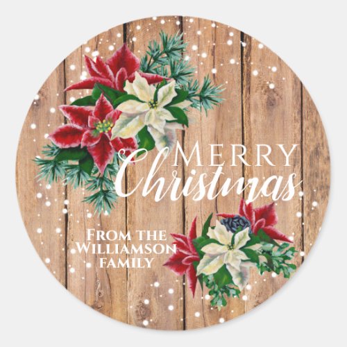 Rustic Merry Christmas Poinsettia Floral Classic Round Sticker