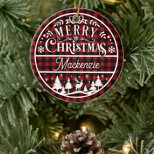 Rustic Merry Christmas Red & Black Plaid Custom Ceramic Ornament