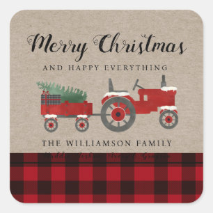 Rustic Merry Christmas Red Plaid Holiday Square Sticker
