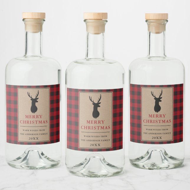 Rustic Merry Christmas Red Plaid Kraft Liquor Bottle Label (Bottles)