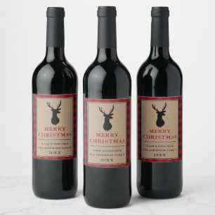 Rustic Merry Christmas Red Plaid Kraft Wine Label