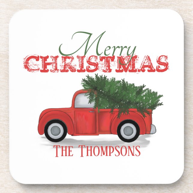 Rustic Merry Christmas Red Truck Cute Custom Beverage Coaster (Front)