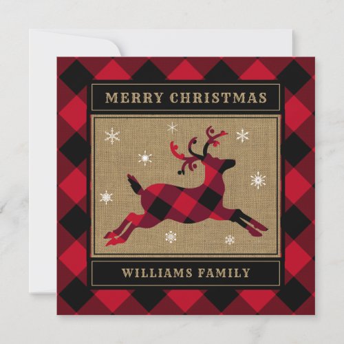 Rustic Merry Christmas Reindeer Red Buffalo Plaid Holiday Card