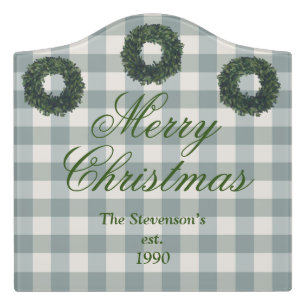 Rustic “Merry Christmas” Script Name Green Plaid Door Sign