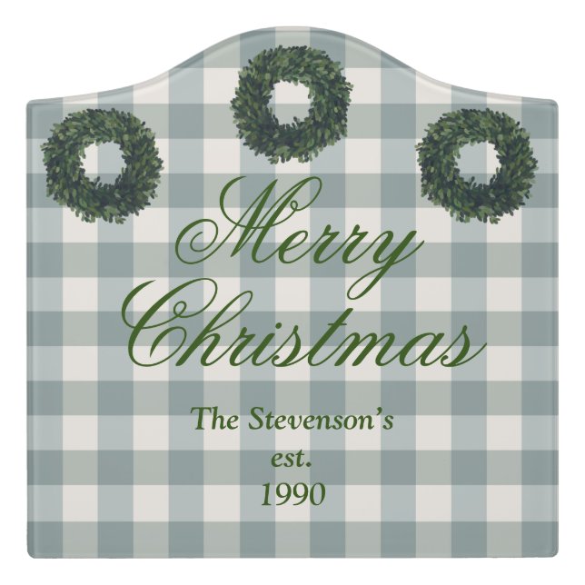 Rustic “Merry Christmas” Script Name Green Plaid Door Sign (Large Crest Front)