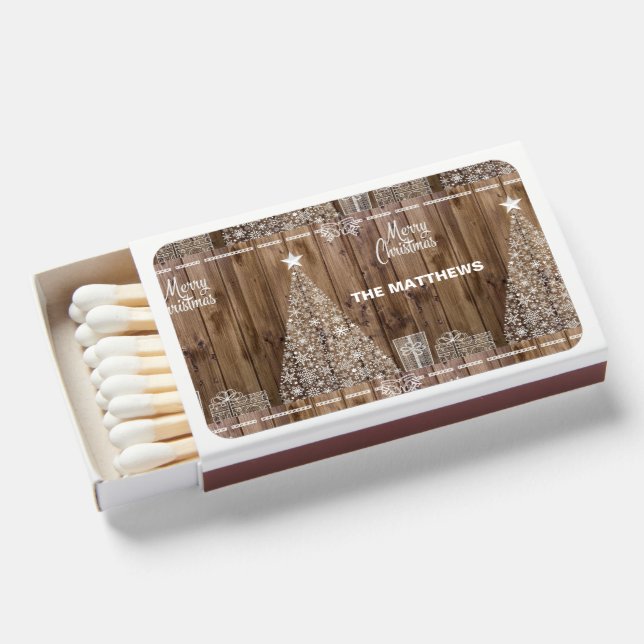 Rustic Merry Christmas Snowflake Family Name  Matchboxes (Front Open)