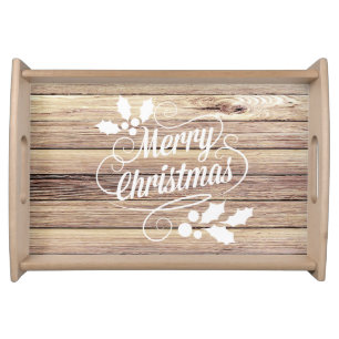 Rustic Merry Christmas Swirly Typography on Wood Serving Tray