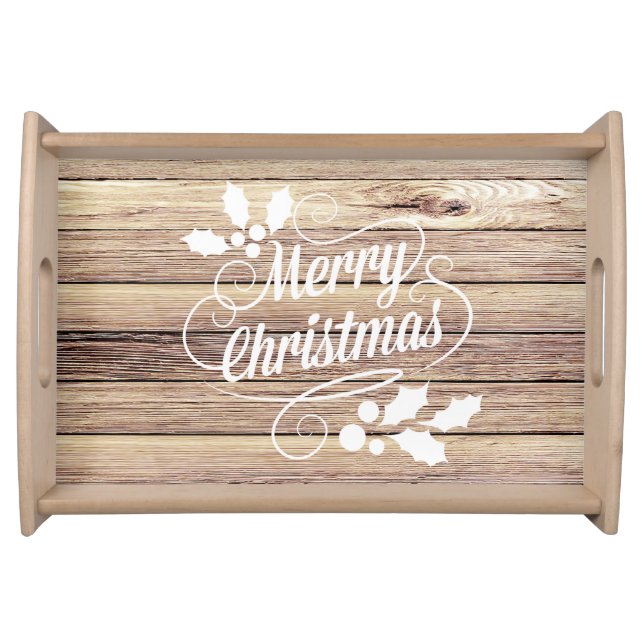 Rustic Merry Christmas Swirly Typography on Wood Serving Tray (Front)