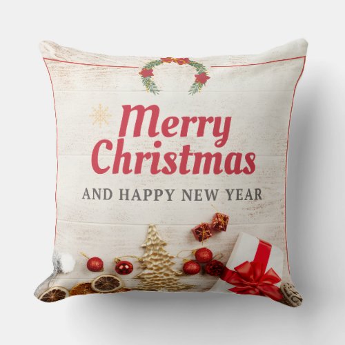 Rustic Merry Christmas Throw Pillow with Wreath |