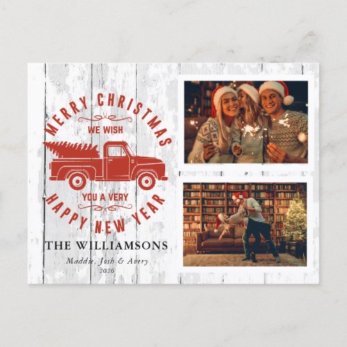 Rustic Merry Christmas Tree Red Truck Photo  Holiday Postcard