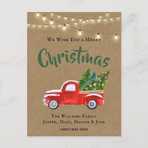 Rustic Merry Christmas Tree Vintage Red Truck  Holiday Postcard