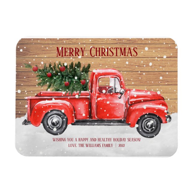 Rustic Merry Christmas Tree Vintage Red Truck Magnet (Horizontal)