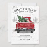 Rustic Merry Christmas Tree Vintage Red Truck Name Holiday Card<br><div class="desc">Send warm wishes this holiday season with one of our custom rustic flat cards. This farmhouse inspired design features a vintage red truck with a Christmas tree in the back on a background of pine trees and white and gray weathered wood. The card reads "Merry Christmas & Happy New Year"...</div>