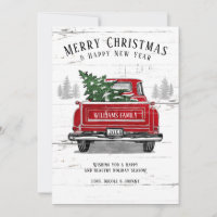 Rustic Merry Christmas Tree Vintage Red Truck Name Holiday Card