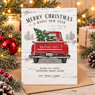 Rustic Merry Christmas Tree Vintage Red Truck Name Holiday Card