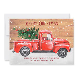 Rustic Merry Christmas Tree Vintage Red Truck Name Holiday Card