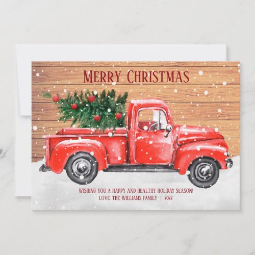 Rustic Merry Christmas Tree Vintage Red Truck Name Holiday Card