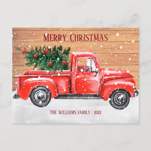 Rustic Merry Christmas Tree Vintage Red Truck Name Holiday Postcard
