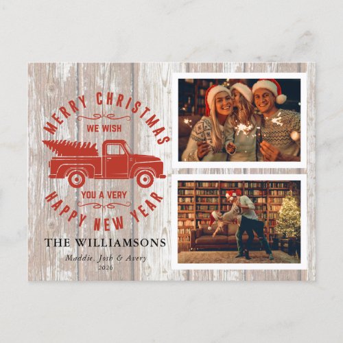 Rustic Merry Christmas Tree Wood Red Truck 2 Photo Holiday Postcard