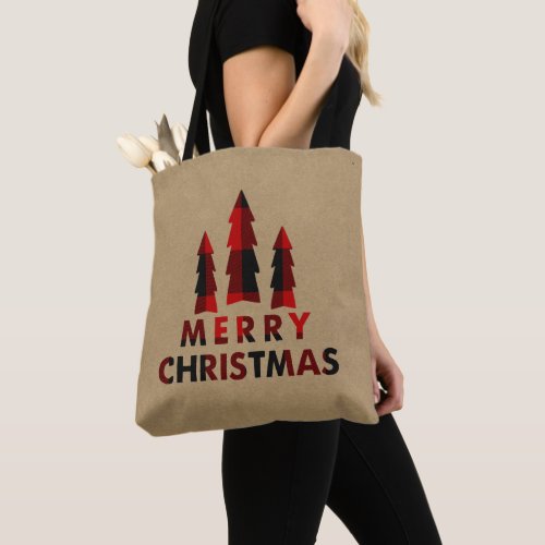 Rustic Merry Christmas Trees Red Buffalo Plaid Tote Bag