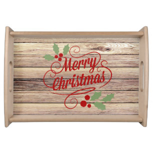 Rustic Merry Christmas Typography Birch Wood Serving Tray