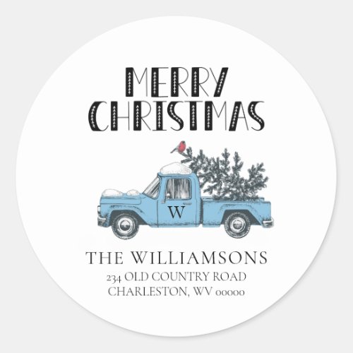 Rustic Merry Christmas Vintage Truck Monogrammed  Classic Round Sticker