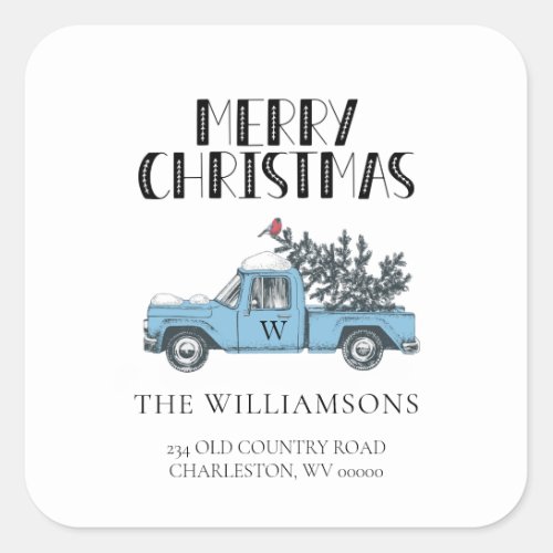 Rustic Merry Christmas Vintage Truck Monogrammed  Square Sticker