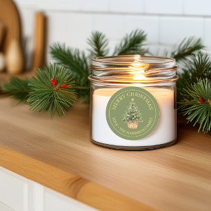 Rustic Merry Christmas Watercolor Pine Tree Green Classic Round Sticker