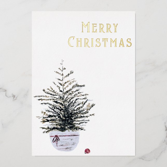 Rustic Merry Christmas Watercolor Tree  Foil Holiday Card (Front)