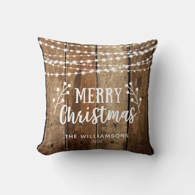 Rustic Merry Christmas Wood and Lights Name Throw Pillow (Front)