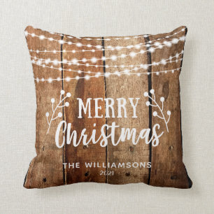 Rustic Merry Christmas Wood and Lights Name Throw Pillow