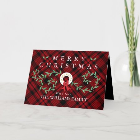 Rustic Merry Christmas Wreath Red Plaid Family Holiday Card