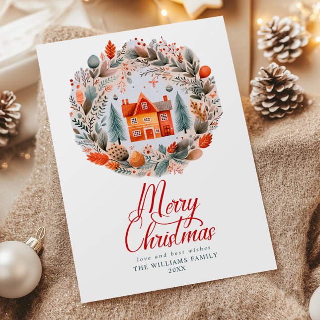 Rustic Merry Christmas Wreath Sweet Home Holiday Card (Creator Uploaded)